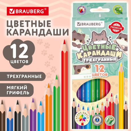 Нарушена упаковка! <844355> Карандаши цветные кросс-серия "МИЛЫЕ КОТЫ", 12 цветов, трехгранные, BRAUBERG, 182109