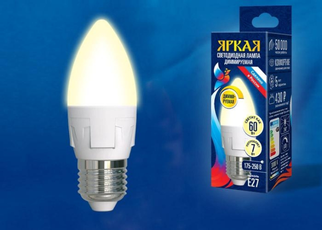 Диммируемая светодиодная лампа E27 7W 3000K (теплый) Uniel LED-C37 7W-3000K-E27-FR-DIM PLP01WH (UL-00004297) 
