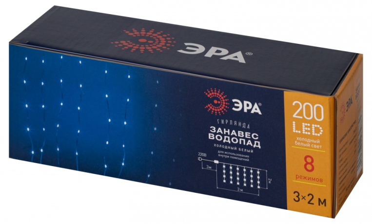 3*2м. Новогодняя гирлянда занавес холодный свет Эра ENIN-200WD 200LED IP20 (Б0060417)