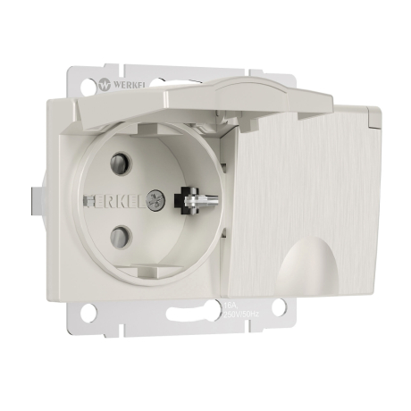 Розетка двойная влагозащищенная с заземлением и со шторками, без рамки с крышкой Werkel перламутровый рифленый W1172213