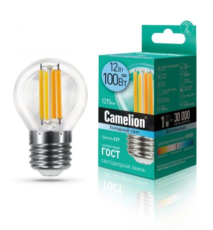 Филаментная лампа E27 12W 4500К (белый) G45 Camelion LED12-G45-FL/845/E27 (13715) 