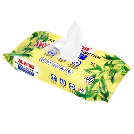 Нарушена упаковка! <200389> Салфетки влажные 50 шт., УНИВЕРСАЛЬНЫЕ, очищающие для всей семьи, экстракт зеленого чая, LAIMA,128077 (128077)
