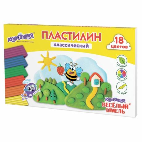 Нарушена упаковка!  <369960> Пластилин классический ЮНЛАНДИЯ "ВЕСЁЛЫЙ ШМЕЛЬ", 18 цветов, 360 грамм, стек, ВЫСШЕЕ КАЧЕСТВО, 106432 (106432)