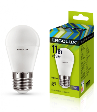 Светодиодная лампа E27 11W 6500К (холодный) Ergolux LED-G45-11W-E27-6K (13632) 