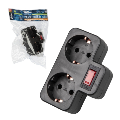 Нарушена упаковка!  <721979> S-GES2-16PB BLACK Разветвитель сетевой с выключателем, с/з. 2 гнезда. 16А, 3500Вт. Черный. ТМ Uniel