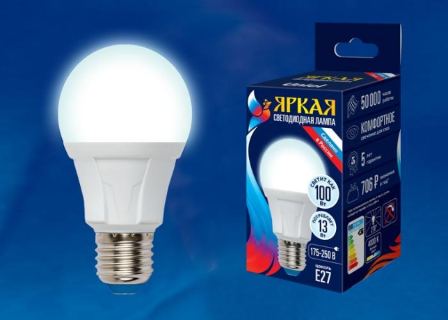 Лампа светодиодная E27 13W 4000K (Белый) матовая Uniel Яркая LED-A60 13W/4000K/E27/FR PLP01WH картон (UL-00005031) 
