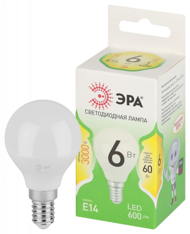 Лампочка светодиодная ЭРА GREEN LINE LED P45-6W-830-E14 GL E14 6 Вт шар теплый свет Б0067056 