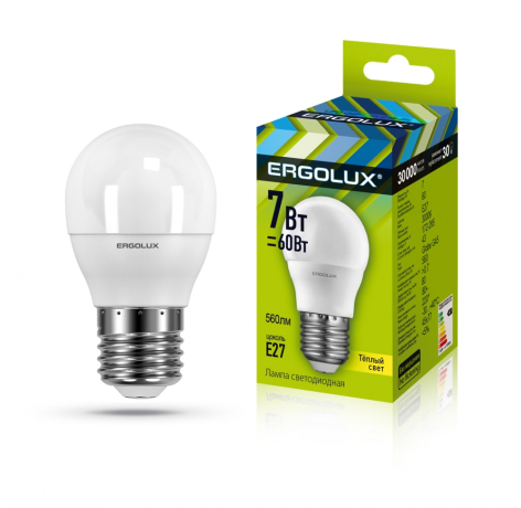 Светодиодная лампа E27 7W 3000K (теплый) Ergolux LED-G45-7W-E27-3K (12143) 