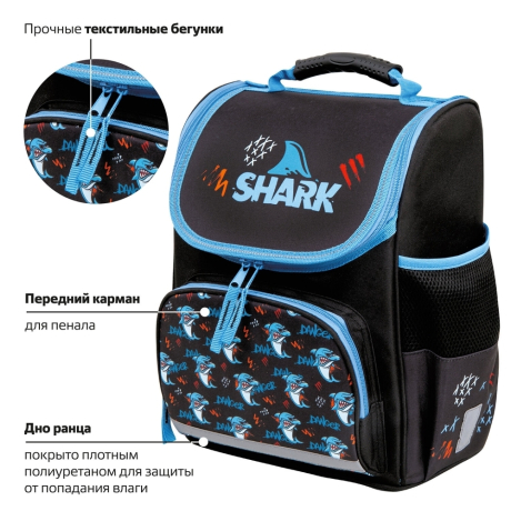 Нарушена упаковка!  <722862> Ранец ПИФАГОР BASIC, 1 отделение, 3 кармана, эргономичная спинка, "Angry shark", 35х28х18 см, 272044