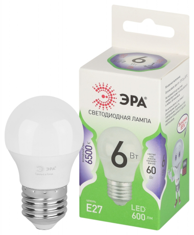 Лампочка светодиодная ЭРА GREEN LINE LED P45-6W-865-E27 GL E27 6 Вт шар холодный свет Б0067059 