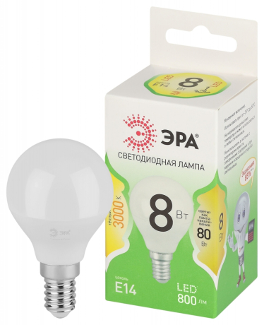Лампочка светодиодная ЭРА GREEN LINE LED P45-8W-830-E14 GL E14 8 Вт шар теплый свет Б0067007 