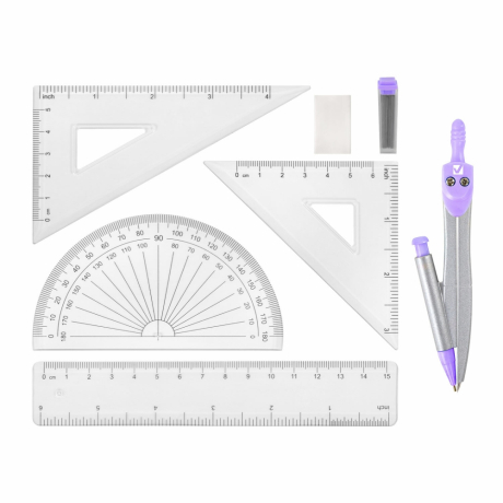 Нарушена упаковка! <795883> Готовальня BRAUBERG SCHOOL KIT, 9 предметов, циркуль 125 мм, чертежные принадлежности, лаванда, 210713