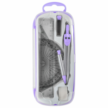Нарушена упаковка! <795883> Готовальня BRAUBERG SCHOOL KIT, 9 предметов, циркуль 125 мм, чертежные принадлежности, лаванда, 210713