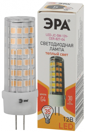 Лампочка светодиодная ЭРА STD LED JC-5W-12V-CER-827-G4 G4 5 Вт керамика капсула теплый белый свет Б0049087 