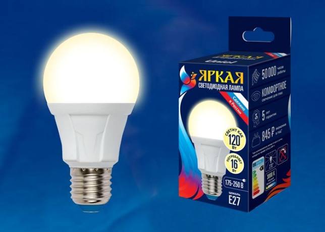 Светодиодная лампа E27 16W 3000K (теплый) Uniel LED-A60 16W-3000K-E27-FR PLP01WH (UL-00005033) 