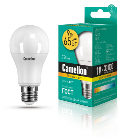 Светодиодная лампа E27 9W 3000К (теплый) A60 Camelion LED9-A60/830/E27 (12043) 