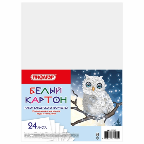 Нарушена упаковка! <320534> Картон белый А4 немелованный (матовый), 24 листа, ПИФАГОР, 200х290 мм, "Совушка", 113565 (113565)