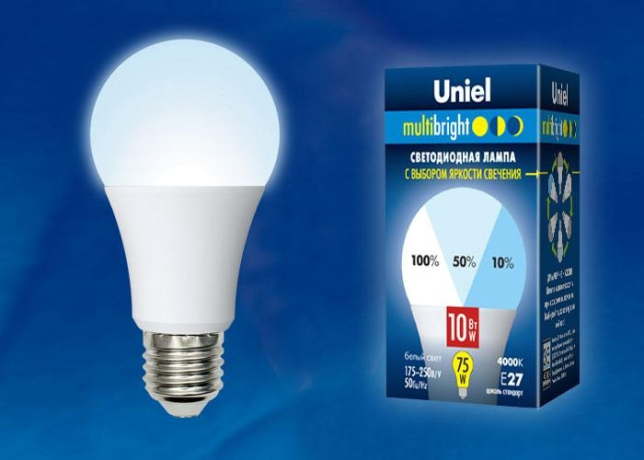 Лампа светодиодная E27 10W 4000K (Белый свет) Форма А матовая Uniel Multibright LED-A60-10W/NW/E27/FR/MB PLM11WH картон (UL-00002372) 