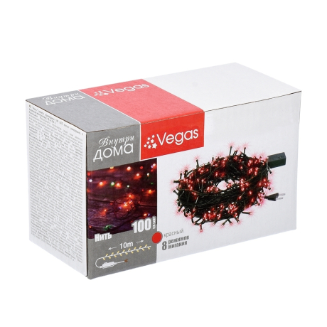 Нарушена упаковка.  <295888> 10м. Электрогирлянда ''Нить'' 100LED (красный) IP20 Vegas  55065 