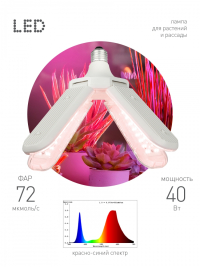 Фитолампа для растений светодиодная ЭРА GREEN LINE ФИТО-40W-PL-E27-GR 4-х лепестковая красно-синего спектра 40 Вт Е27 Б0064525